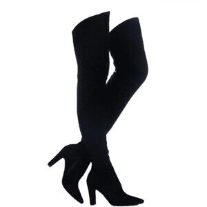 Women Faux Suede Black Stretch Thigh High Boots Chunky Block Heels WhimsyGoth